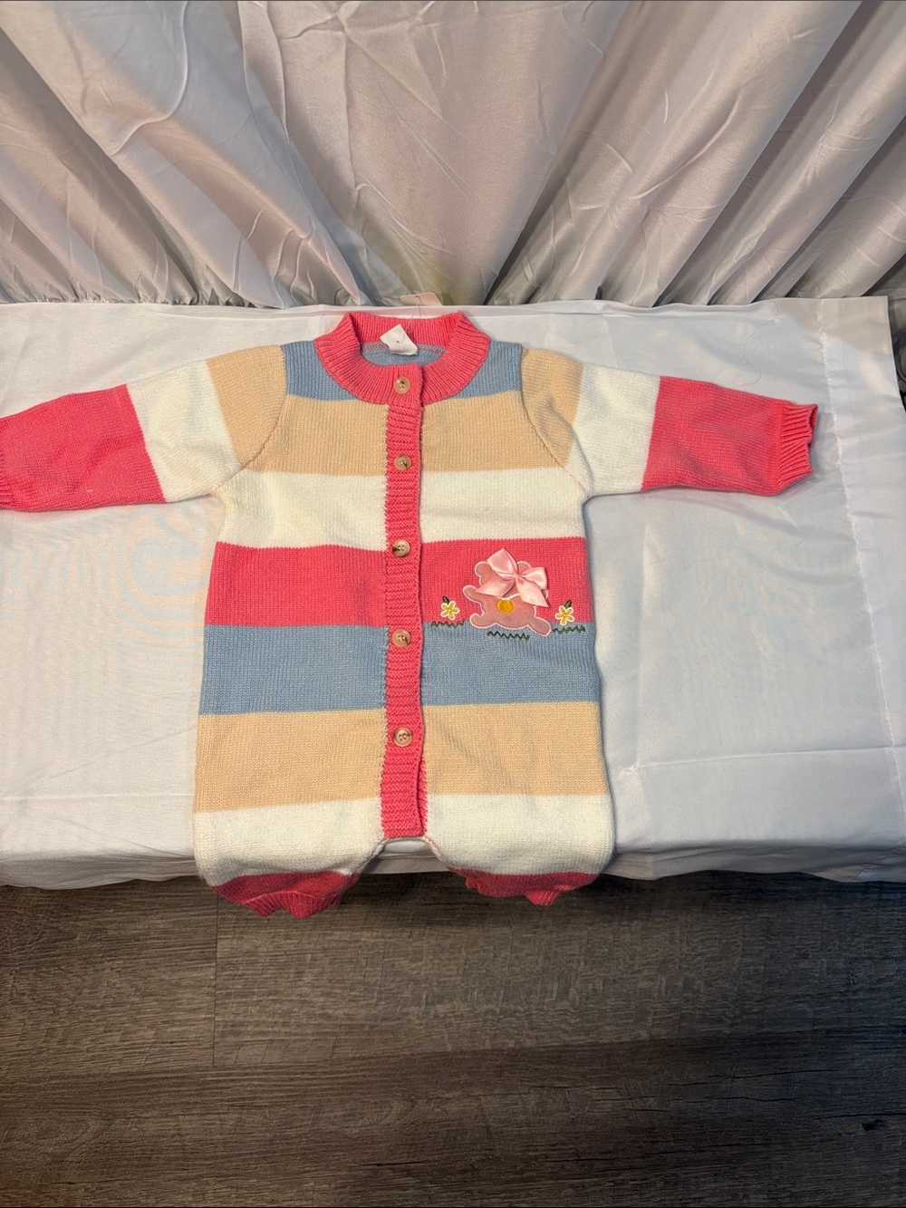 SHEIN Pink Blue Cream Striped Knit Baby One-Piece with Bow Applique